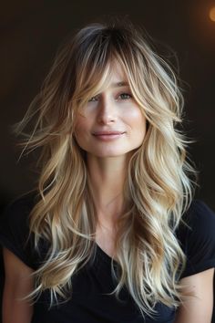 29 Long Layered Hair With Curtain Bangs Styles That Turn Heads Layered Hair With Curtain Bangs, Layers And Curtain Bangs, Bangs Styles, Blonde Hair Goals, Hair With Curtain Bangs, Messy Waves, Blonde Hair Transformations, Layered Haircuts With Bangs, Grey Roots