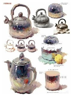 tea kettles and cups are depicted in this watercolor painting