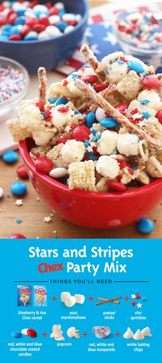 red, white and blue stars and stripes party mix in a bowl on a table