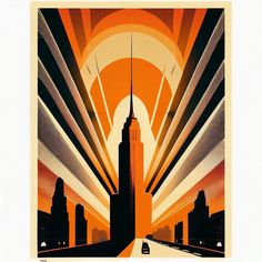 an orange and black poster with the empire building in the background