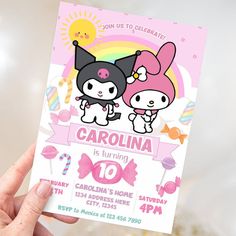 Editable birthday invitation with Sanrio's Kuromi and Melody characters My Melody And Kuromi Party, Kuromi Invitation Card, My Melody Invitation, My Melody Birthday Invitation, Kuromi Invitation, Kuromi Birthday Party, Kuromi And Melody, Kuromi Cake, Paper Diys