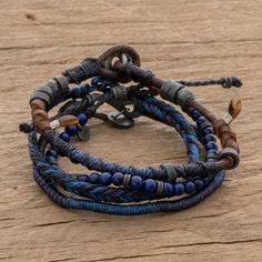 Lapis Lazuli and Leather Bracelets from Guatemala (Set of 4) - Boho Friends | NOVICA Bracelets Knots, Masculine Accessories, Masculine Jewelry, Rustic Bracelet, Adjustable Sliding Knot, Sharing With Friends, Men's Bracelets, Wristband Bracelet, Friends Set