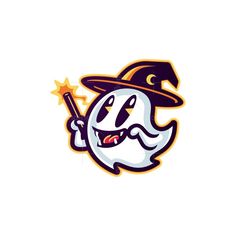 This logo is the Mascot of the ghost logo which has the theme of a witch ghost wearing a hat and carrying a stick as an attribute that is identical to a witch. Apart from that, this mascot is made with a cute and unique character with a simple color combination but also has good contrast. This logo can be used for entertainment purposes or used for a brand with a magical, cute ghost theme Ghost Theme, Ghost Logo, Witch Ghost, Ghost Cartoon, Ghost Design, Wearing A Hat, A Witch, The Ghost, A Stick