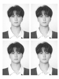 four black and white photos of young men with short hair, wearing vests or polo shirts