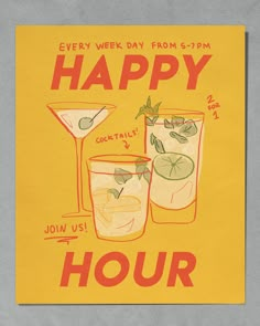 a happy hour card with two cocktail glasses