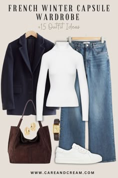 French Winter Capsule Wardrobe Essentials + 15 Outfit Ideas Blazer Jeans Outfit, Fashion Cold Weather, French Inspired Fashion