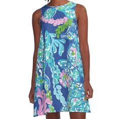 Loose-fit, mid-length sleeveless dress with silky handfeel. Printed on both sides. Machine washable. Size range XS-2XL. Blue A-line Sleeveless Dress For Vacation, Lilly Prints, Ocean Turtle, Dress For Sale, Summer Wear, Both Sides, Turtles, Mid Length, Lilly Pulitzer