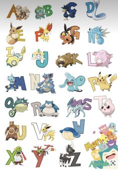 the letters and numbers of pokemon characters are arranged in different styles, colors, and shapes