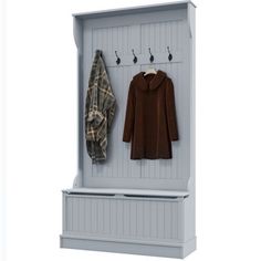 a coat rack with two coats hanging on it