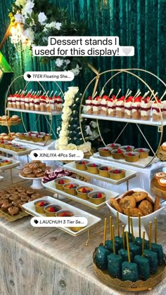 dessert stands are used for this display at a party or wedding reception, and can be customized to match the theme