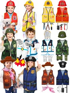 children's vests and hats are shown in different colors, sizes and shapes