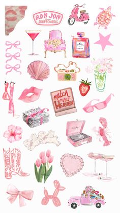 a bunch of pink items are arranged in the shape of a collage on a white background