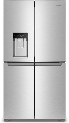 a stainless steel refrigerator freezer with water dispenser and ice maker on the door