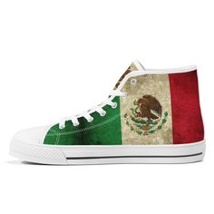 Celebrate your Mexican heritage with these Mexican Flag HighTop Canvas Shoes! These sneakers are the perfect way to show your pride and love for Mexico. The vibrant colors of the flag are boldly displayed on the exterior, making these shoes a true work of art. The comfortable and durable design make them perfect for any casual occasion. Whether you're out with friends or running errands, these Mexican Sneakers are sure to turn heads. Order yours now and step out with pride as a Proud Mexican! * Mexican Vintage, Color Converse, Mexican Colors, Pride Shoes, Blue High Tops, Mexican Heritage, Mexican Flag, Mexican Flags, Vintage Flag