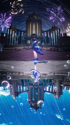 the reflection of a building in water with fireworks and stars above it, as well as an image of a woman wearing a blue dress