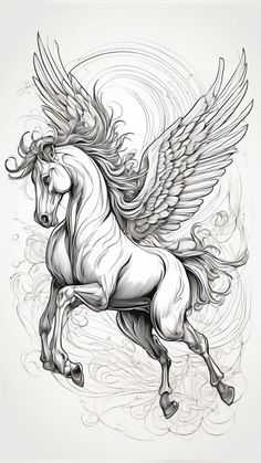 a drawing of a horse with wings on it's back, in black and white