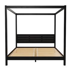 a black metal bed frame with wooden slats