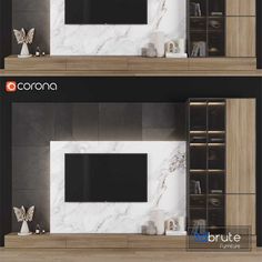 two pictures of a living room with white marble walls and black shelves, one is built into the wall