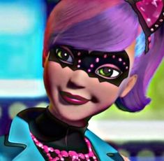 a cartoon girl with pink hair wearing a butterfly mask and purple hair is smiling at the camera