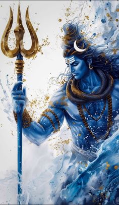 a painting of a man holding a blue and gold staff