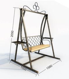 a metal swing chair with wooden seat and backrests measurements for the frame, including height