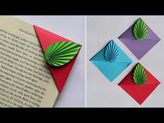 origami leaves on top of an open book next to folded paper with text