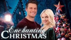 a man and woman standing in front of a christmas tree with the words enchanting christmas