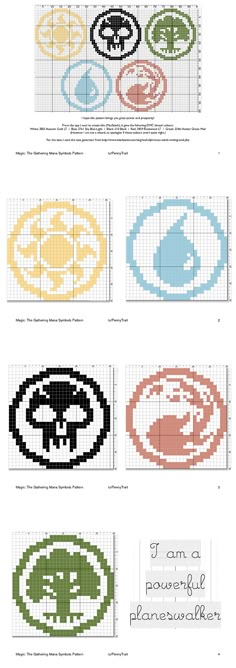 cross stitch chart with different colors and designs for each type of item, including the logo