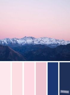 a pink and blue color palette with mountains in the background