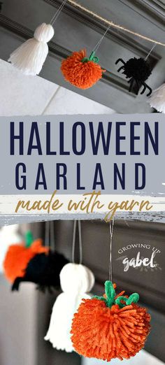 halloween garland made with yarn and pom poms