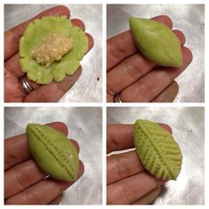 four pictures show the process of making a green flower with leaves and seeds on it