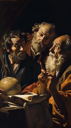 the three wise men are looking at an open book and holding a globe in their hands