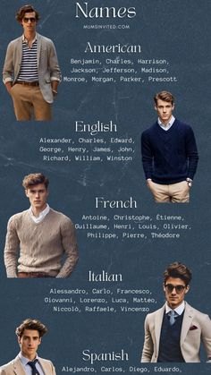 men's sweaters and vests with names in english, spanish, and french