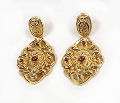 After you've looked at this fabulous item, be sure to browse our main store for MANY MORE quality goods. Click here: https://www.etsy.com/shop/YourEntireCloset Stunning Byzantine style 14K yellow gold earrings featuring 5 semi-precious stones -- red garnet, blue topaz, purple amethyst, yellow citrine and navy iolite. The upper and lower parts are hinged so that there is movement. These were purchased decades ago and have most certainly been discontinued.  As such, they are not one-of-a-kind but Luxury Jeweled Earrings For Festive Occasions, Luxury Handmade Earrings For Festive Occasions, Gold Byzantine Jeweled Jewelry, Byzantine Jeweled Gold Jewelry, Byzantine Style Jeweled Gold Jewelry, Traditional Handmade Clip-on Earrings For Formal Occasions, Handmade Byzantine Earrings For Formal Occasions, Formal Byzantine Handmade Earrings, Byzantine Earrings