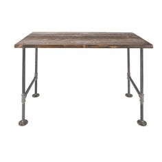 a wooden table with metal legs on a white background