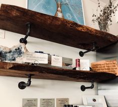 two wooden shelves with various items on them