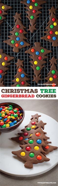 christmas tree gingerbread cookies are on a plate and in front of a cooling rack