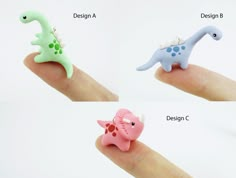 four different types of plastic animals sitting on someone's finger