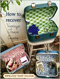 two suitcases sitting next to each other with the words how to recover vintage grain cases