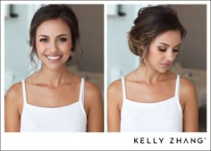 two pictures of a woman with her hair in a bun and wearing a white tank top