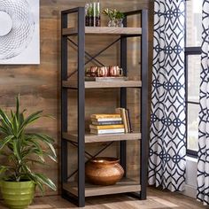 a book shelf in the corner of a living room with a potted plant next to it