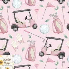 a pink background with golf related items and flowers on the top right hand corner,