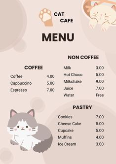 a menu for a cafe with cats and kittens on the side, including coffee