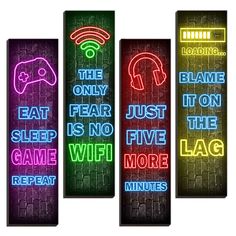 three neon signs with the words game, play, eat and sleep on them in different colors