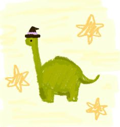 a drawing of a green dinosaur with stars in the background and a hat on its head