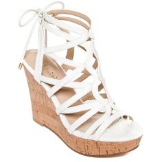 Guess White Huyana3 Cork Wedge Sandals - Women's ($79) ❤ liked on Polyvore featuring shoes, sandals, white, strap sandals, wedge heel sandals, wedge sandals, strappy wedge sandals and wedge shoes #WedgeSandals