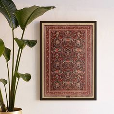 a large rug hanging on the wall next to a potted plant and a framed photograph