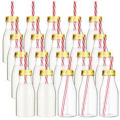 many empty glass bottles with red and white striped straws