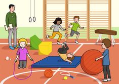 a group of children playing in an indoor gym with balls and exercise equipment on the floor