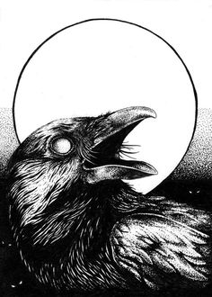 a black and white drawing of a crow with the moon in it's beak